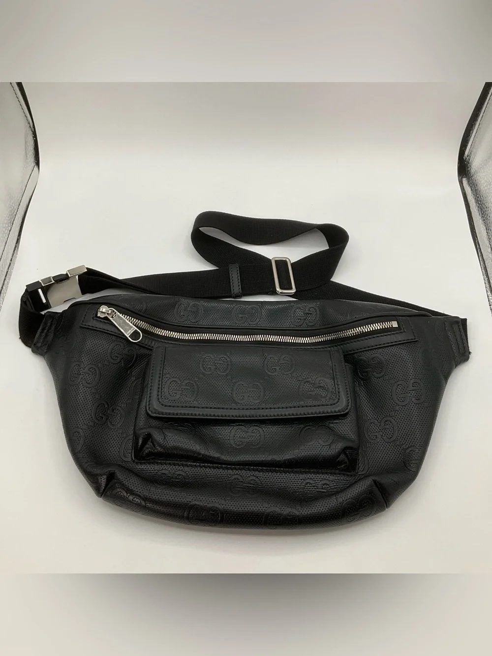 Gucci 645093 Front Pocket Black Belt Bag GG Embossed